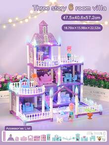 Lila Villa Puppenhaus-Set mit Leuchtfunktion (Puppe nicht enthalten), Spielhaus-Spielzeug für Jungen und Mädchen, Möbel-DIY Puppenspielset mit mehreren Räumen, Prinzessinnen-Schloss Spielzeug-Set, Weihnachts- und Neujahrsgeschenk für Mädchen - Verschiedenfarbig - Übersicht 11