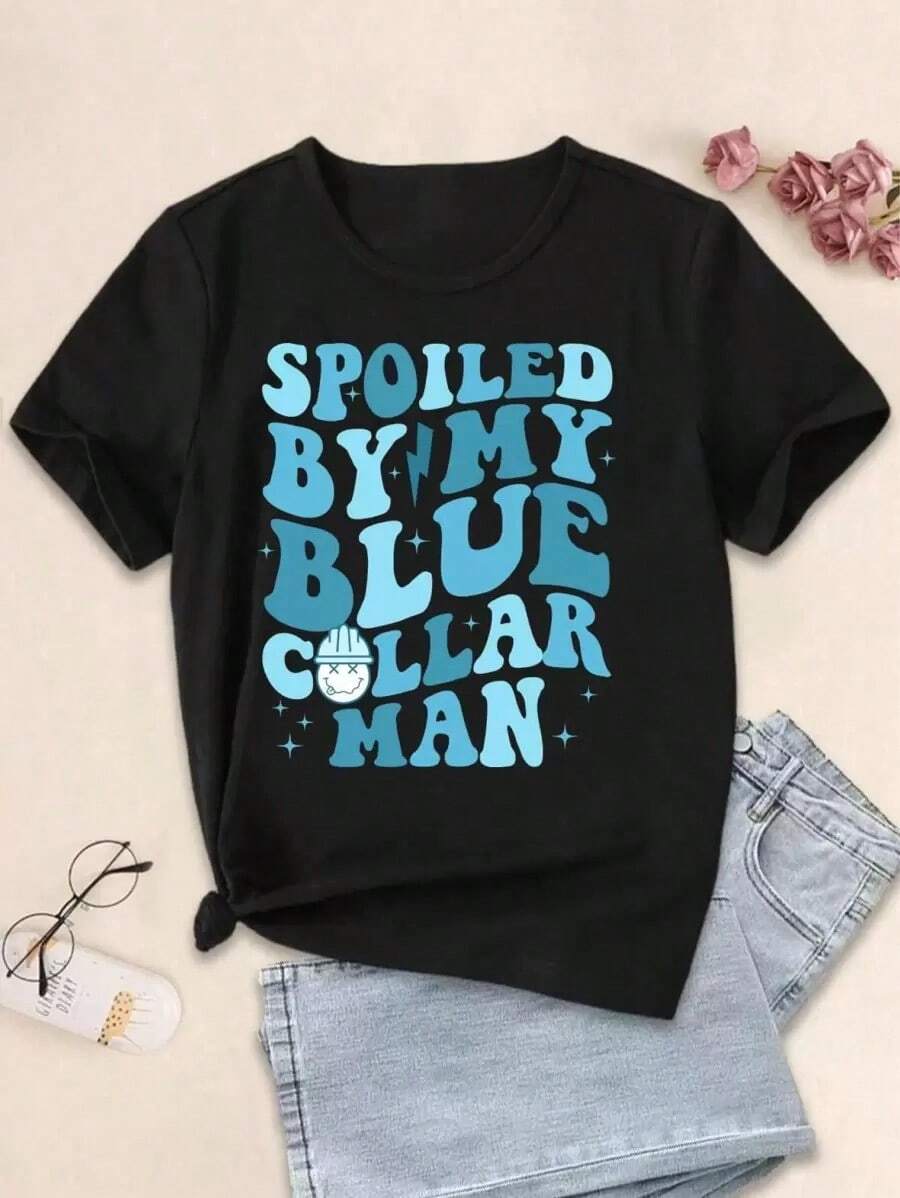 Camisetas para amantes "Esposa mimada, Esposo mimado" - Camiseta con texto impreso "Mi hombre de cuello azul" - Negro - Ver 1