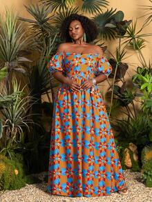 Faeriesty TribalChic 大码露肩花卉印花连衣裙 - 短袖夏季长裙，适合海滩度假、周末出游、日常穿着、野餐日和休闲聚会