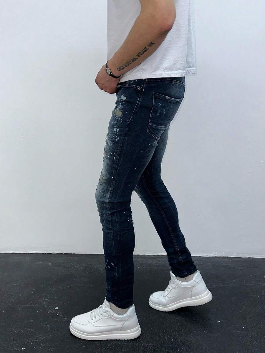 Men's Dark Wash Bandana Patch Skinny Jeans With Rips And Paint Splatter - Grey - View 1