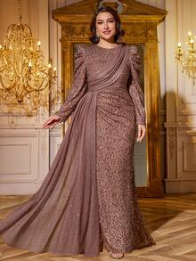 Plus Size Women V-Neck Sequin Embellished Bishop Sleeve Ruched Slit Dress, Elegant Evening Gown,Party Dress,Formal,Wedding Guest - 咖啡棕 - 查看 3