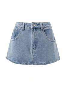 Women's Casual Versatile Minimalist Solid Color Denim Skirt - Rửa nhẹ - Xem 4