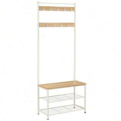 Coat Rack, Coat Stand With Shoe Storage Bench, Hall Tiree With Shoe Rack, 3-In-1 Design, Steel Frame, For Hallway, Entrance, 32 X 70 X 177 Cm, Modern, Oak And Cream
