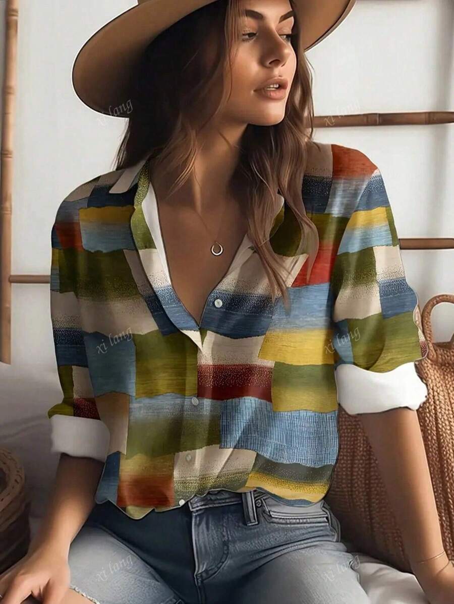 Tricou damă cu imprimeu geometric, cu un singur nasture, casual, lejer, cu mânecă rulată