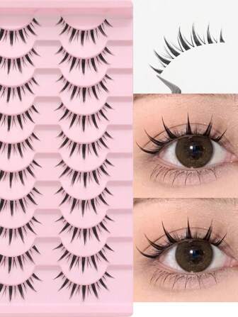 NAIJEMA 10对漫画睫毛自然睫毛猫眼睫毛交叉浓密水貂睫毛动漫假睫毛延长化妆工具派对旅行