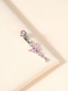 1pc Fake Belly Button Piercing Ring With Rhinestone Butterfly Design, Jewelry For Women - Pink - View 4