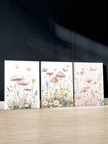 3 件魔法蘑菇墙饰、蝴蝶天堂帆布印刷墙饰、异想天开的自然海报、柔和色调的现代艺术品、多风花园房间美学、花田墙饰、艺术印刷品、墙饰、海报、理想礼物、可选装框 - 3件/套 - 查看 3