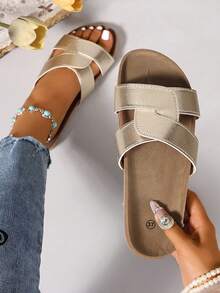 厚底新款春夏时尚品牌厚底稻壳拖鞋女休闲露趾拖鞋户外罗马风套脚拖鞋女夏季宽松黑色舒适沙滩装 - 金色 - 查看 1