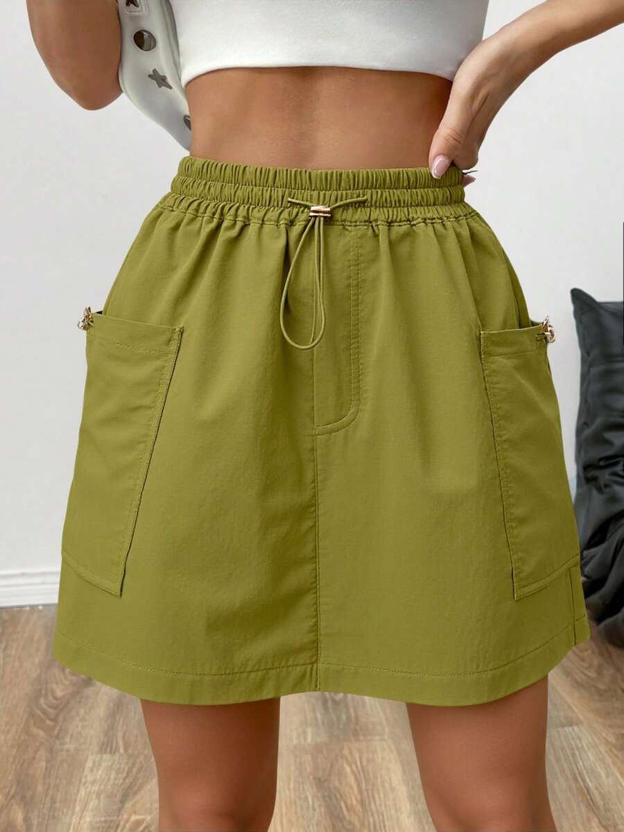 Falda cargo con bolsillo con solapa de cintura con cordón Liso Elegante Casual Fiesta Nudo Bolsillo Cordón - Verde - Ver 1