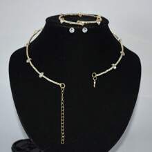 4 Peças Conjunto de Colar, Pulseira e Brincos com Pérola Francesa de Fileira Única, Zircônia, Strass, Acessórios de Vestido de Noiva e Casamento, Colar Gargantilha
