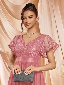 MIUSOL 优雅深 V 领亮片蕾丝网眼荷叶边袖晚会长裙，适合婚礼宾客、毕业典礼、返校节 - 藕粉色 - 查看 8