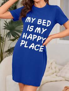 睡裙 - 标语印花睡裙 - 短袖圆领休闲睡衣、家居服 - 女士舒适、时尚睡裙，时尚睡眠，舒适入睡