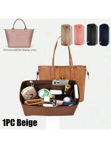 1 pièce Sac organisateur à poches multiples, organisateur de sac à main en feutre avec fermeture éclair, sac de rangement pour cosmétiques en tissu feutre avec fermeture éclair, sac de rangement de voyage léger et portable, organisateur d'insert de sac avec poches multiples, insert de forme pour petit sac à main, organisateur de sac dans un sac - Beige - Voir 5