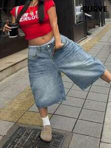 Quần short denim nữ cỡ lớn mùa xuân và mùa hè mới phong cách đường phố châu Âu và Mỹ cạp vừa không co giãn rộng rãi thường ngày cỡ lớn - Rửa nhẹ - Xem 3
