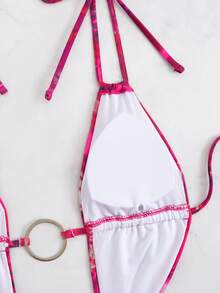 1pc Women's One-Piece Sexy Hollow Out Tie-Dye Printed Swimsuit With Circle Decor - Burgundy - View 7