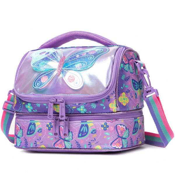 Bolsa de almuerzo aislada con diseño de doble capa y doble cierre para niñas con diseños de dibujos animados, de gran capacidad, ideal para la escuela, viajes, picnics y actividades al aire libre