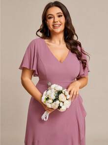 大码 V 领不对称荷叶边下摆雪纺伴娘礼服秋季婚礼宾客礼服