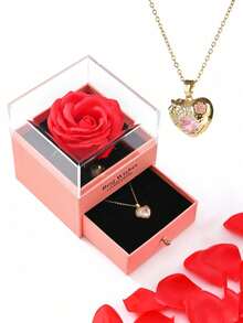 1 Set Artificial Rose Gift Box Necklace, "I Love You" In 100 Languages Necklace, Mother's Day, Valentine's Day Gift For Mom, Wife, Daughter, Grandma, Granddaughter