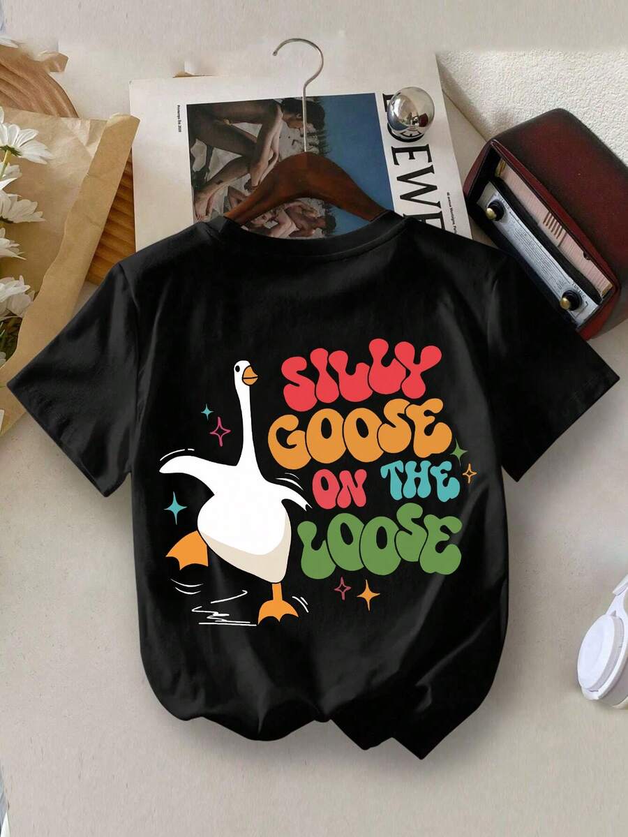 女童鹅标印花圆领短袖T恤，春夏休闲童装 - 黑色 - 查看 1