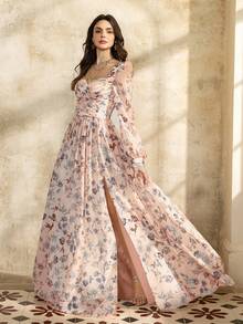 Faeriesty 印花优雅花卉印花长裙，修身紧身胸衣和甜心领口 - 主教袖和深 V 形背部细节，适合花园派对、户外婚礼和春季庆典 - 珊瑚粉 - 查看 6