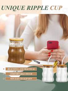 1 件 550ml 创意形状玻璃杯，带竹盖和吸管的美观饮水杯，水杯，冰咖啡杯，果汁杯，奶茶波霸杯，可重复使用的玻璃杯，夏季饮料玻璃器皿，竹盖杯，适合家庭、办公室、派对、生日乔迁礼物，罗纹/光滑款式