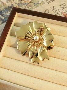 1pc Elegant Metal Flower Brooch With Faux Pearl Center, Fashionable & Sexy, Suitable For Formal Events Or Everyday Wear