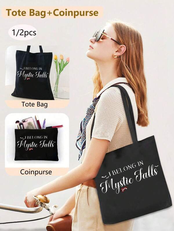 1/2pcs Large Capacity Mystic Falls Printed Tote And Makeup Bag, Stylish Lightweight Women's Tote And Minimalist Zipper Storage Bag Combination (Zipper Direction Random), Back-To-School Teacher Travel Bag Gift, Sister Toiletry Bag Gift, Best Gift For Mother, Birthday Gift, Anniversary Gift, Graduation Gift