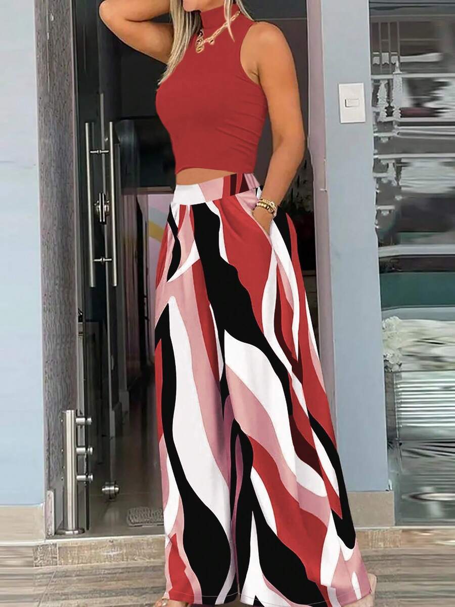 女士休闲度假风罗纹针织高领毛衣（波浪纹）搭配阔腿梭织裤两件套