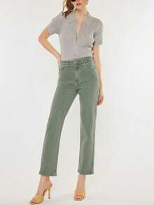 Women's Casual Jeans Basic Ultra High Rise Crop Straight Jeans Olive Slim Fit Zip And Button Closure Ankle-Length Perfect For Spring/Summer/Fall Everyday Wear - Olive - View 2