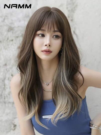 NAMM 1 件棕色女士假发超长波浪假发带刘海挑染米色头发合成纤维蓬松假发适合日常派对使用 20 英寸