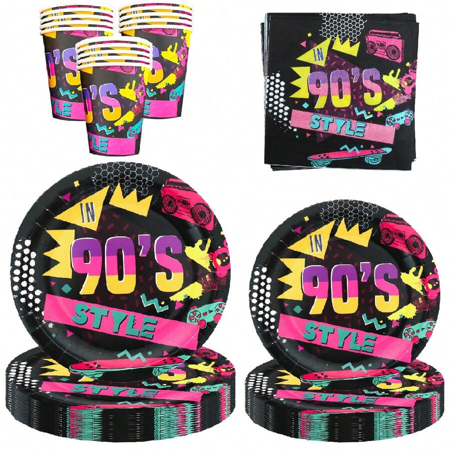 10pcs 90s Retro Vaporwave Disco Themed 90s Graffiti Pattern Party Supplies, Includes 7"/9" 90s Graffiti Style Party Plates And 90s Graffiti Style Napkins, Suitable For Birthday Party, Reunion, Family Gathering, Outdoor Picnic, New Year Celebration - Multicolor - View 1