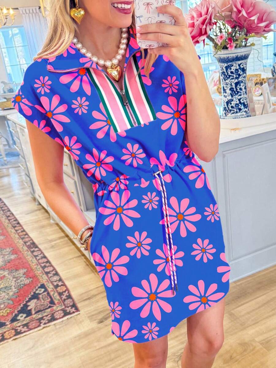 Summer Colorblock Floral & Striped Patchwork Quarter Zip Drawstring ...