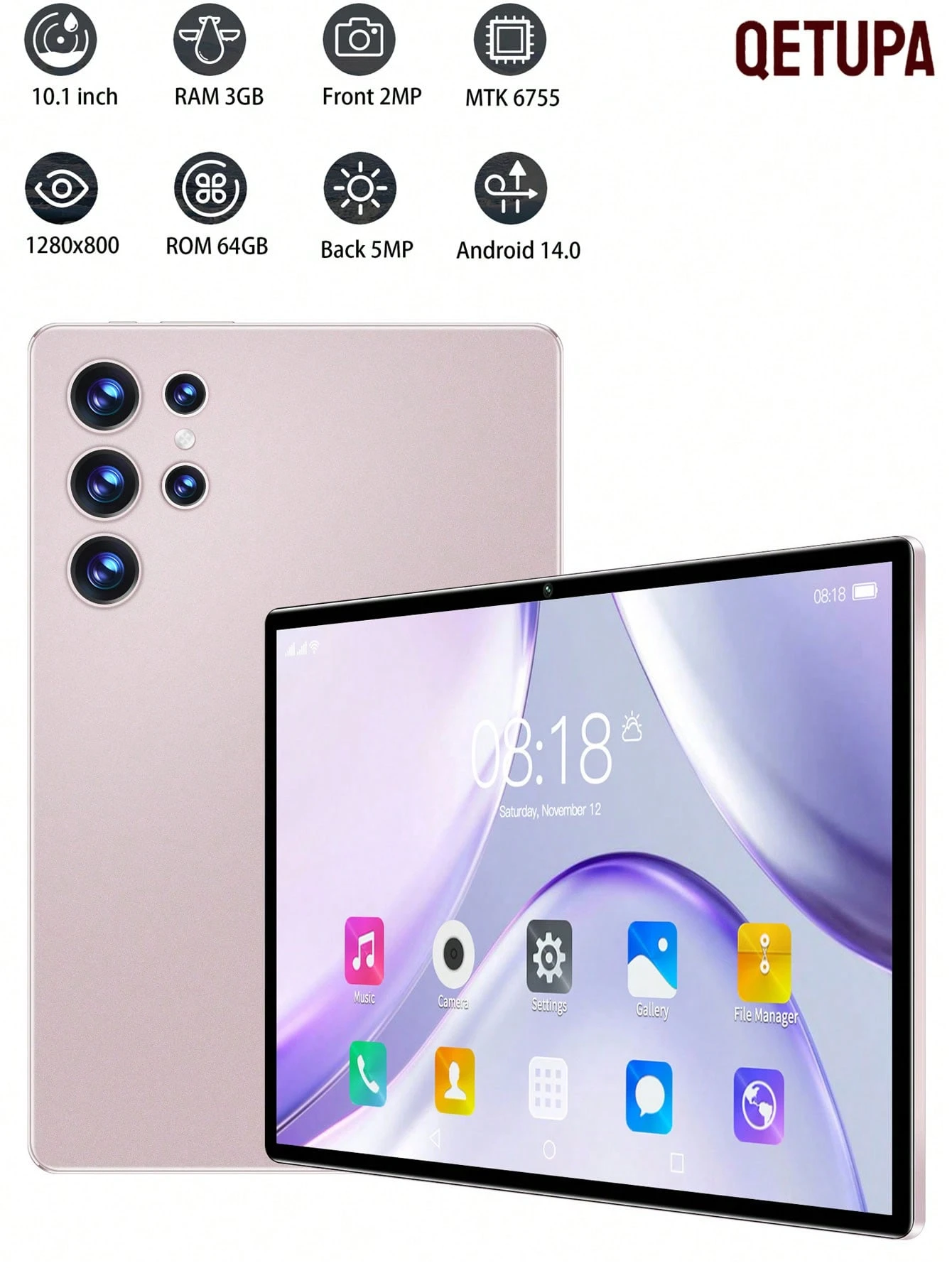 QETUPA 10.1 "Z50 Android 14 Tablet ، 3GB RAM+64GB ROM ، MTK 6755 رباعي النواة 1.3 جيجا هرتز ، HD (1280 × 800) شاشة لمس | كبش: 3 جيجابايت; ذاكرة للقراءة فقط: 64 جيجابايت