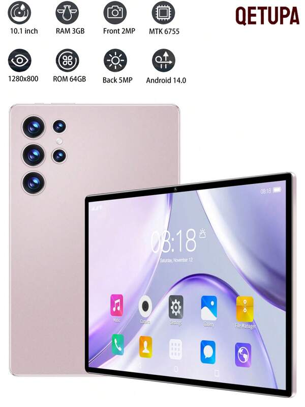 Qetupa Tableta Android 14 de 10.1" Z50, 3GB RAM + 64GB ROM, procesador cuádruple MTK 6755 a 1.3GHz, pantalla táctil IPS HD (1280x800), BT 5.2 y WiFi 5 802.11ac, GPS, cámara frontal de 2MP y cámara trasera de 5MP, batería grande de 6000mAh, no compatible con tarjeta SIM