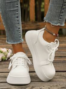 2025 New Women's White Thick Sole Lace-Up Casual Shoes, Breathable Non-Slip Platform Sneakers, Sweet Daily Sports Shoes, Comfortable Adjustable Shoelace Design