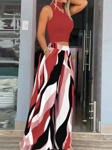 女士休闲度假风罗纹针织高领毛衣（波浪纹）搭配阔腿梭织裤两件套