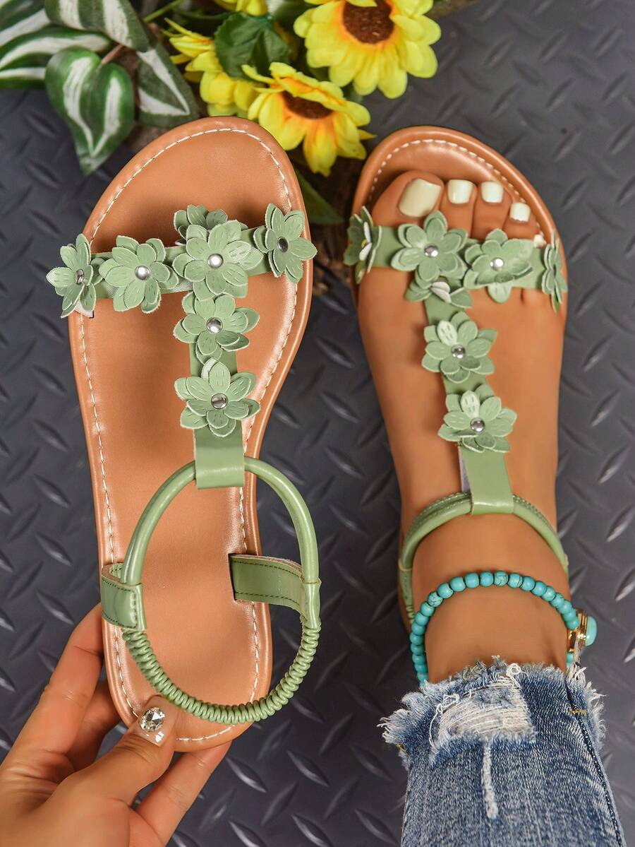 Women's Fashion Comfortable Sandals, Versatile Embroidered Beach/Outdoor Flat Sandals,Boho Style,Spring Summer Outfits - Green - View 1