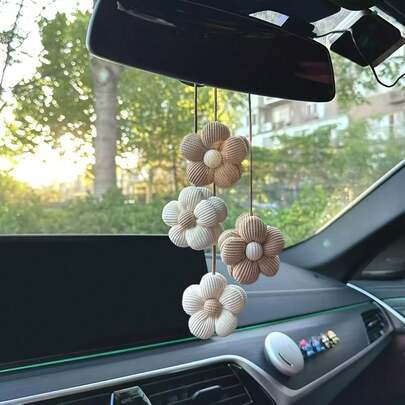 1pc/2pcs Five Petal Flower Car Rearview Mirror Ornament - Handmade Floral Pendant, Women's Cute Floral Rearview Mirror Accessory, Bohemian Style Car Flower Wreath, Spring Garden Themed Gift