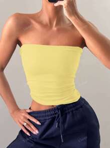 Camiseta sin tirantes básica de ajuste elástico y ceñido de color amarillo mantequilla para uso en todas las estaciones, diseño de moda de verano para el 4 de julio