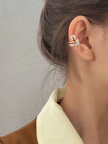 1 pieza Pendientes de clip de metal de color dorado con doble capa y decoración de rhinestones para mujer, adecuado para citas, reuniones, fiestas, bailes y accesorios diarios de vestir