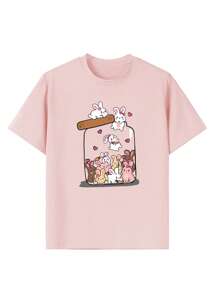 Set de 3 camisetas de manga corta, cuello redondo, estampadas y casuales para niñas, ropa de verano para estudiantes jóvenes - ¡Las camisetas coloridas traen alegría y felicidad a cada niño!