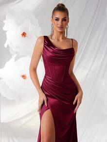 ADYCE Asymmetric Draped Collar Party Dress, Satin Herringbone High Waist Pleated Open Back Tie Long Formal Gown, Suitable For Formal Occasions Like Wedding Guest, Bridesmaid, Homecoming, Prom - Burgundy - View 7