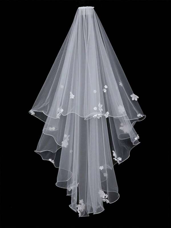 1pc Handmade Embroidered Edge Cute Ruffle Double Layer Bridal Wedding Veil Fall Clothes For Women