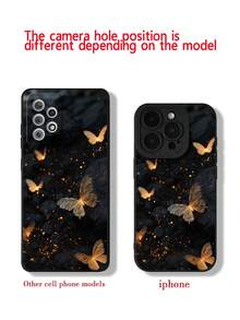 Precision Hole Straight Edge Black Gold Butterfly Painted Shockproof Phone Case Compatible With IPhone 14 Pro Max, 13, 11, XR, 7/8, Galaxy S24, A03s, A04, A12, A14, A21s, A32, A53, S20 FE, S21, S22, Redmi 9, Redmi 10A, Redmi Note 9, Redmi Note 11, Redmi 12 Waterproof Anti-Fall Scratch Resistant - Multicolor - View 6