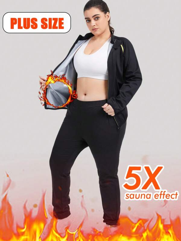 1Set Plus Size Sauna Suit For Women Workout Jacket Long Sleeve Tops Sweat Suits Sweat Sauna Jacket Pants Athletic Running