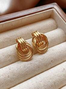 1pair Bridal Exaggerated Simple Stylish Asymmetrical Summer Hollow Hoop Out Several Circle Round Entwined Texture Mixed Multilayer Circle Twist Knot Gold Color Earrings Multi-Layered Wrap Stud Earrings For Women Wedding Party Banquet Gift Jewelry