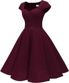 Women's Cap Sleeve 1950s Retro Vintage Cocktail Swing Dresses With Pocket - Burgundy - View 3