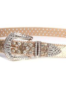 1件男女通用纯色水钻装饰时尚腰带，适合搭配连衣裙、时尚街头休闲装、商务装、男友/丈夫/父亲/男士礼物、日常穿着、时尚单品、青少年服饰、户外运动、度假、旅行、街头风、波西米亚风、复古风、秋季、万圣节秋冬配饰，适合青少年、青年、男士、休闲、户外运动、度假、毕业礼物、生日礼物、日常穿着 - 金色 - 查看 3