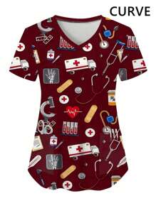 Camisa de uniforme de manga corta con cuello en V y bolsillo para mujer de talla grande (estampado aleatorio)