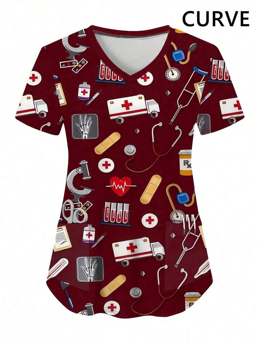 Camisa de uniforme de manga corta con cuello en V y bolsillo para mujer de talla grande (estampado aleatorio)